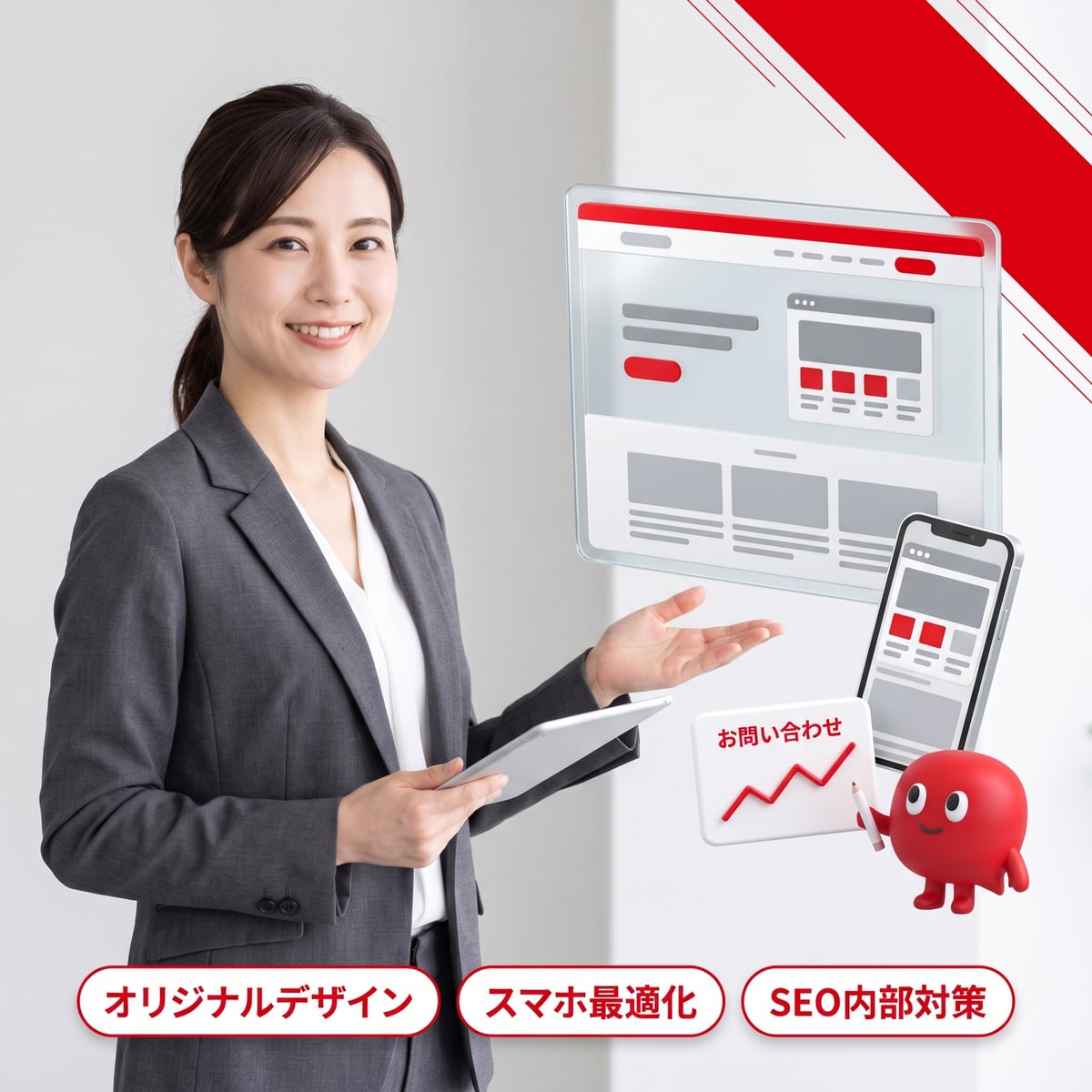 集客できるホームページ制作のイメージ: 担当者とサイト画面、お問い合わせ数の推移グラフ。オリジナルデザイン・スマホ最適化・SEO内部対策