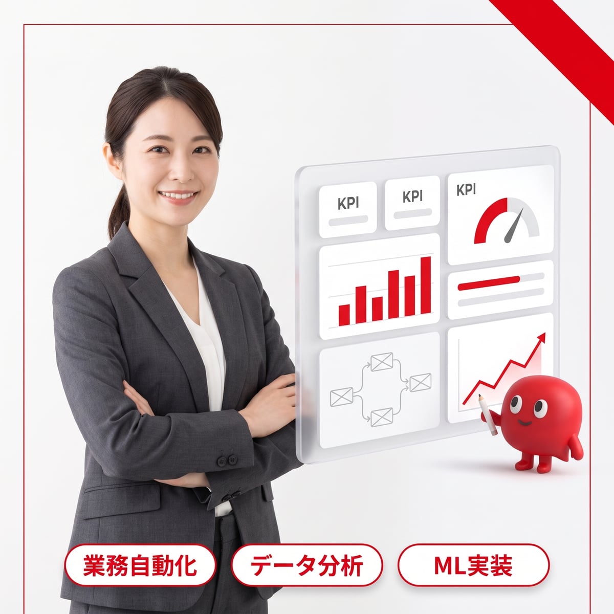 DX・機械学習の実装支援のイメージ: 担当者と KPI ダッシュボード (グラフ・業務フロー)。業務自動化・データ分析・ML実装